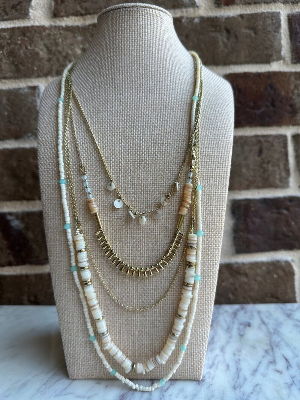 Talbots Boho Five Layer Multi Strand Necklace Beaded Blue Aqua Cream